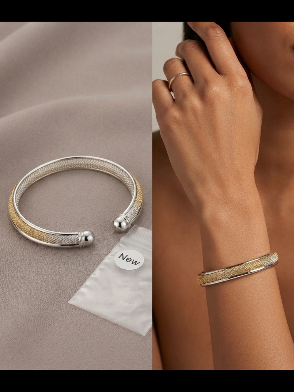 Two-Tone Gold and Silver Mesh Cuff Bracelet
